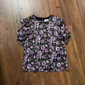 & Other Stories Floral Black Purple Pink Puff Ruched Sleeve Blouse Top 0 XS